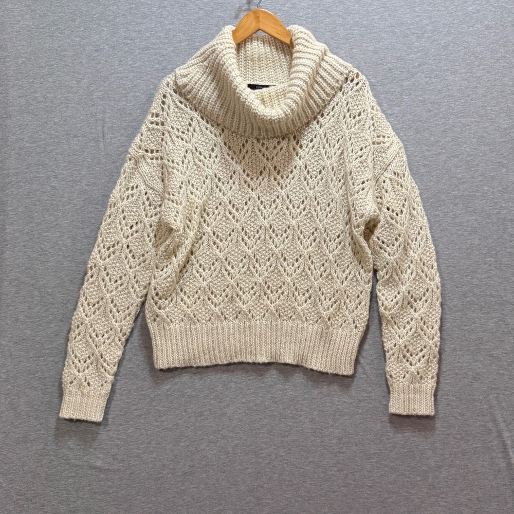 Forever 21 Cowl Neck Sweater Womens M Cream Pointelle Knit Boho Pullover‎ Chunky